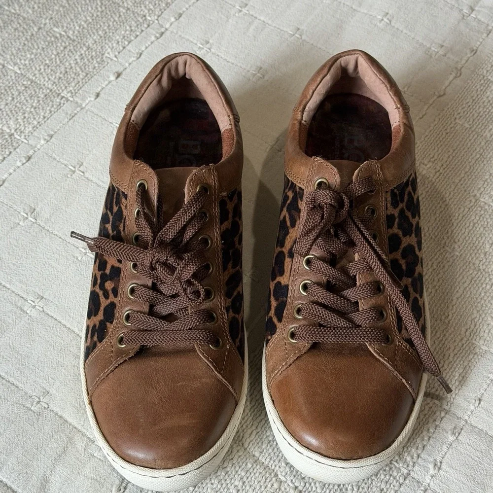 Born Sneaker Shoes Womens 7 Brown Black Leopard Print Leather Velvet Round Toe - Picture 2 of 8